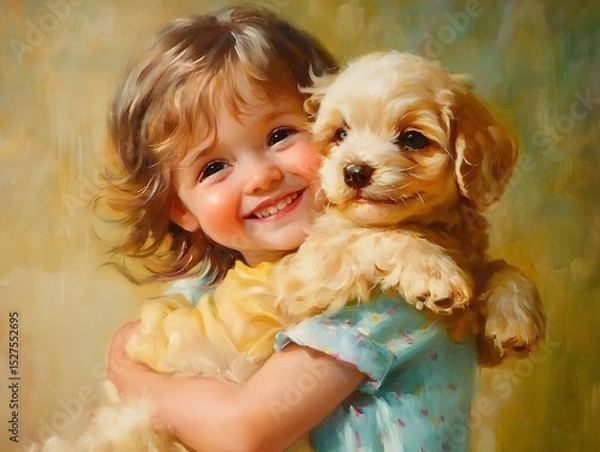 Obraz 72. A child smiling while hugging a puppy