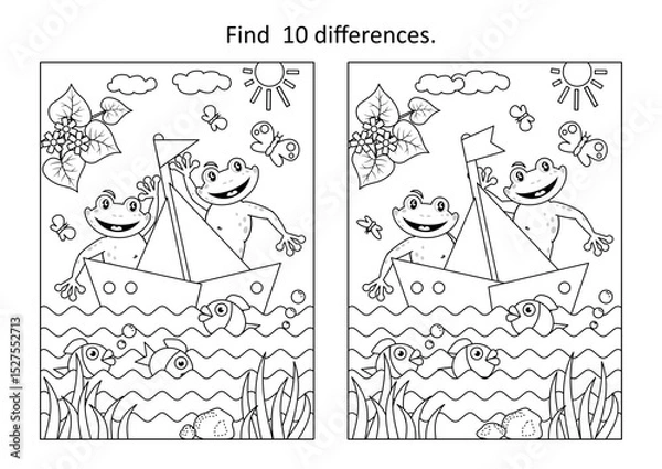 Fototapeta Difference game with frogs the sailors, sailboat, pond scene, fish
