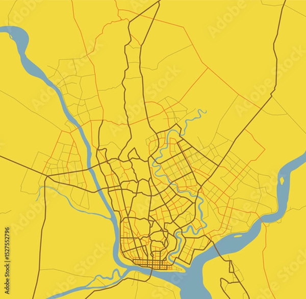 Obraz Yangon or Rangoon city map. Town streets on the plan. Line scheme of roads. Architectural urban background. Vector
