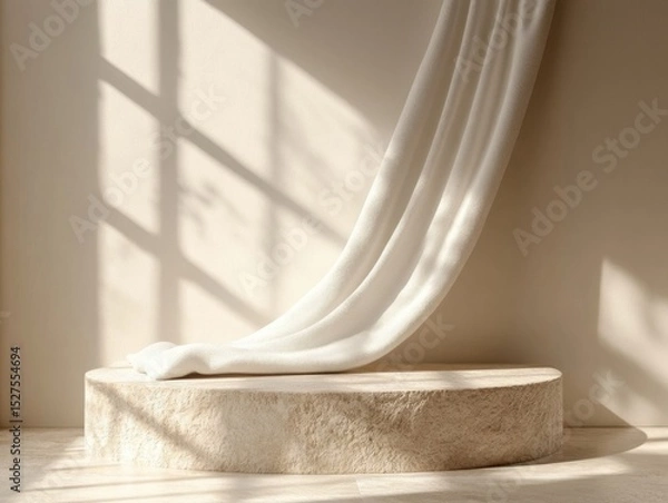 Fototapeta Beige stone podium with flowing fabric. Sunlight streams through window