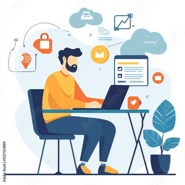 Obraz Businessman touching on icon and content management strategy, digital transformation, cloud solutions, user interface design, data security, operational efficiency, marketing, and customer engagement.