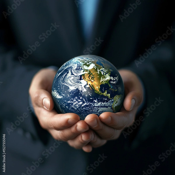 Obraz Businessman holds global assurance with a network connected to quality control, risk management, and compliance standards. Sustainable development is essential to long-term success, stakeholder trust.