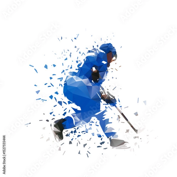Fototapeta Ice hockey player skating with puck, low poly drawing with dispersion effect. Isolated vector illustration. Ice hockey