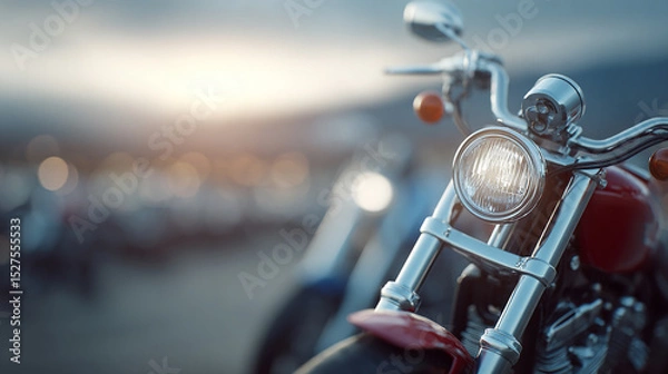 Fototapeta Close up of motorcycle headlight with blurred colorful motorcycles in background showing modern design and vibrant urban transportation scene