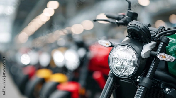 Fototapeta Close up of motorcycle headlight with blurred colorful motorcycles in background showing modern design and vibrant urban transportation scene