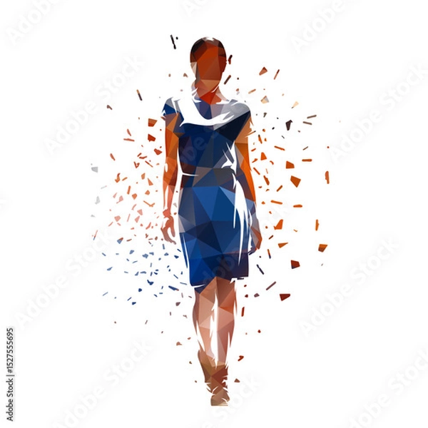 Fototapeta Abstract geometric fashion model catwalk. Business woman, isolated vector low poly illustration of walking woman with distortion effect