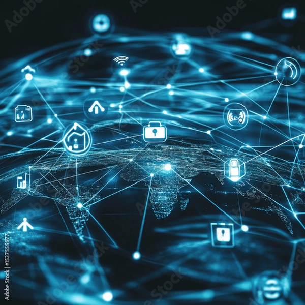 Obraz Internet of Things. Businessman touch a circuit board IoT revolutionizes global network connectivity by enabling seamless communication between devices, facilitating real-time data exchange.