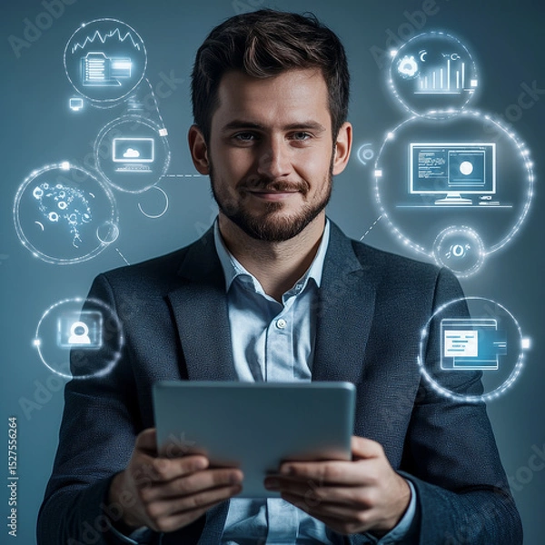Obraz Businessman holding hosting services, platform solutions, cloud infrastructure, web management, data security, digital marketing, business growth, IT solutions, global reach, strategic partnerships.