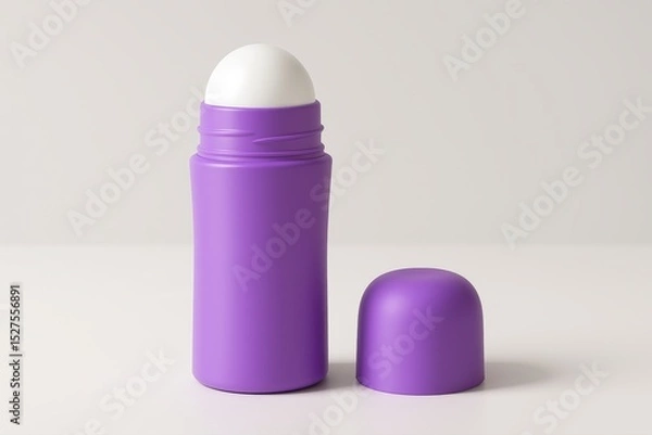 Fototapeta Roll-on Deodorant on White Surface, Purple Bottle with Cap Open