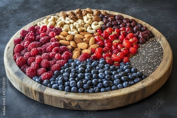 Fototapeta Assorted fresh berries, nuts, and seeds arranged in a wooden bowl, showcasing healthy raw ingredients.