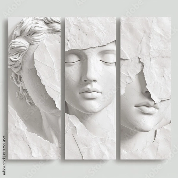 Fototapeta Three-panel artwork of a fragmented classical marble face sculpture with cracks on a light background.
