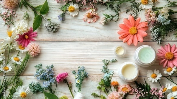 Fototapeta Skincare products with flowers on a light wooden surface.
