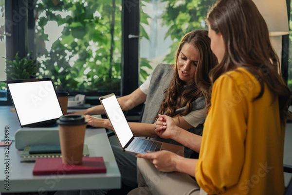 Fototapeta Two gen z colleagues discussing over a laptop in a modern office