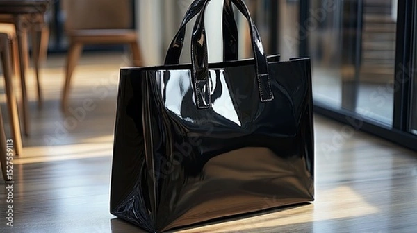 Fototapeta Sleek Black Shopping Bag with Glossy Finish and Sturdy Handles for Stylish Daily Use