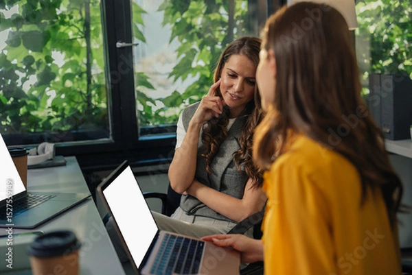 Fototapeta Two businesswomen discussing over laptop in office with white screen mockup