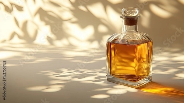 Fototapeta Sleek Glass Bottle Filled with Golden Liquid, Casting Soft Shadows on a Light Background