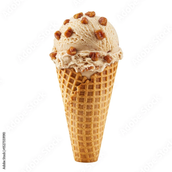 Fototapeta Delicious ice cream cone with nut toppings, set against a plain background