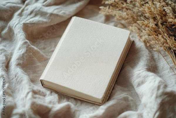 Fototapeta Closed beige book with a linen cover placed on soft fabric near dried grass, creating a cozy scene...
