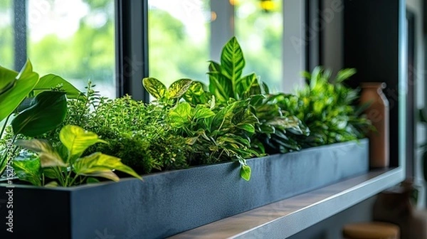 Fototapeta Sleek indoor garden features lush green plants in a modern container, showcasing greenery and decor.