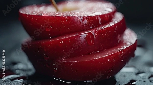 Fototapeta Sliced red apple with shiny surface on dark background, perfect for promoting appetite control and health.