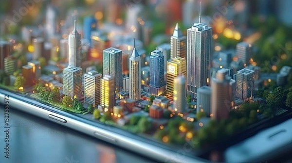 Fototapeta Smart City Emerging from Smartphone: Future Cityscape Depicted on a Digital Device with Urban Innovation