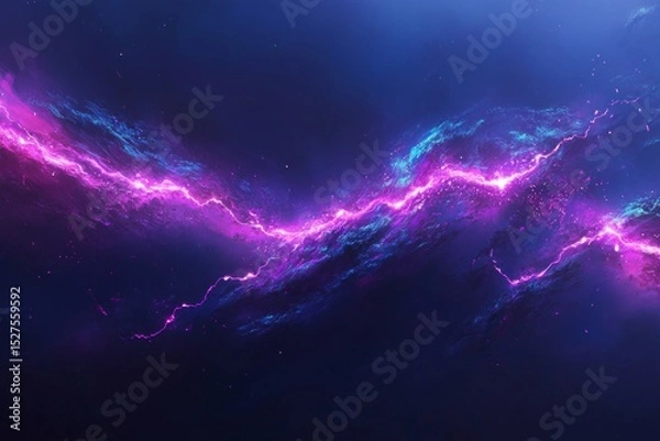 Fototapeta Abstract cosmic energy wave with glowing purple lightning and blue nebula textures on a dark background.