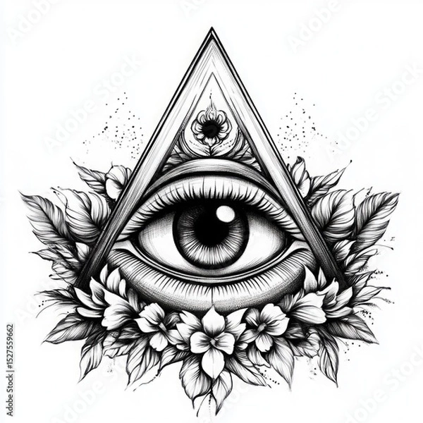 Fototapeta Detailed black and white illustration of an all-seeing eye inside a triangle with floral and leaf elements.