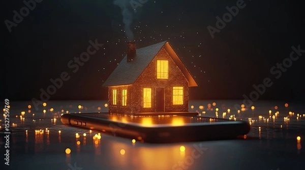 Fototapeta Smart Home Concept: A digitally rendered house floating above a smartphone, surrounded by electric lights.