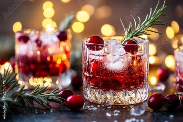 Fototapeta Festive cranberry cocktail with ice and rosemary garnish in a crystal glass with warm glowing lights.