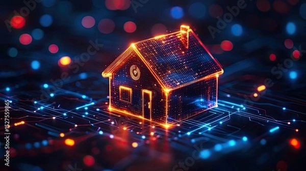 Fototapeta Smart Home Security: A futuristic house icon with security features like keyholes and wifi signals.