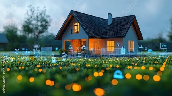 Fototapeta Smart Home Integration: A smart home representation, overlaid with icons symbolizing technology integration.