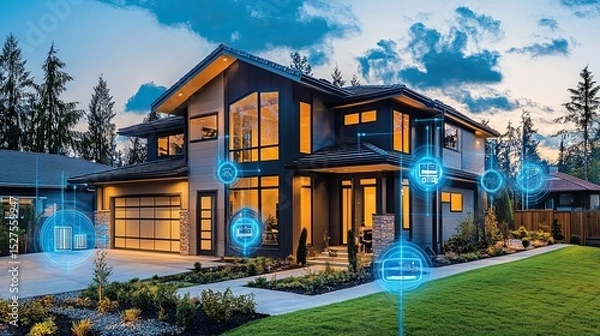 Fototapeta Smart Home Technology: A modern home intertwined with digital systems, symbolizing the future of living.