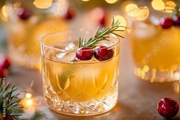 Fototapeta Golden holiday cocktail with ice, cranberries, and rosemary garnish in crystal glass with festive lights.