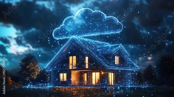 Fototapeta Smart Home Technology Concept: Digital Rendering of a House Connected to a Cloud for Future Living