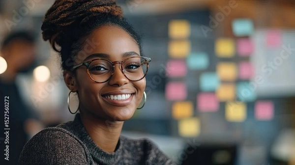 Fototapeta Smiling professional brainstorming with team, colorful sticky notes in the background, creative workspace.