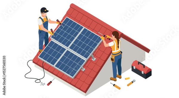 Fototapeta Two workers installing solar panels on a rooftop vector illustration