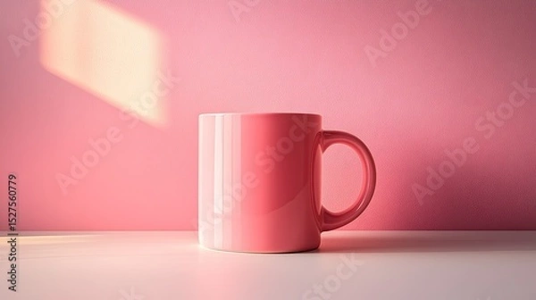 Fototapeta Soft pink coffee mug on minimalist background, ideal for cozy or calm beverage-related designs.