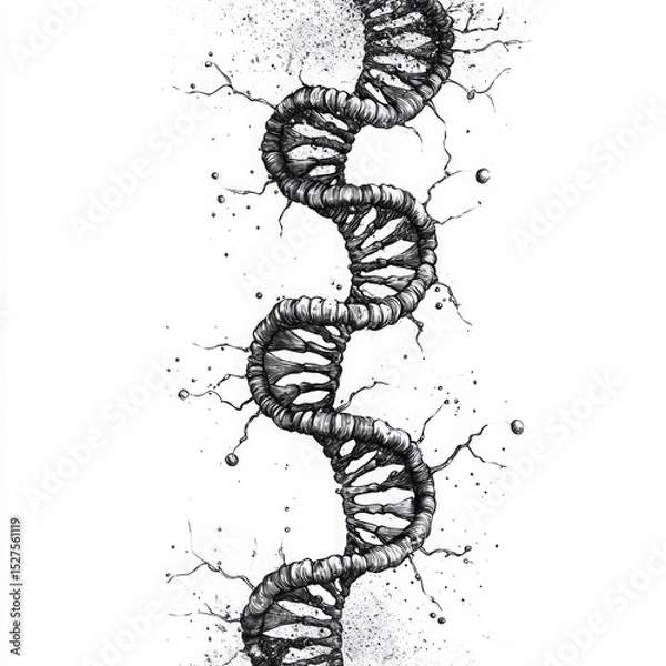 Fototapeta Black and white hand-drawn DNA double helix with artistic splatter effects on a clean white background.