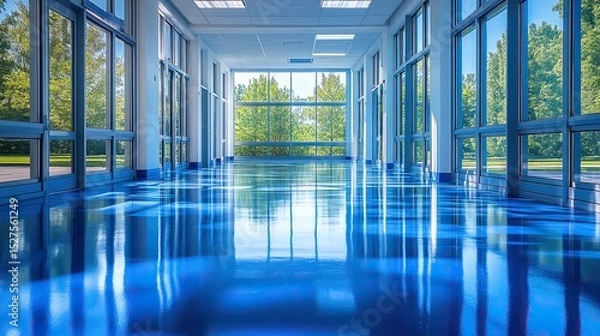 Fototapeta Spacious modern corridor with reflective blue floor, large windows allowing natural light to flood in.
