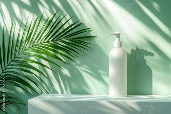 Fototapeta Minimal white cosmetic bottle with pump on pastel green background with tropical leaf shadows and light.