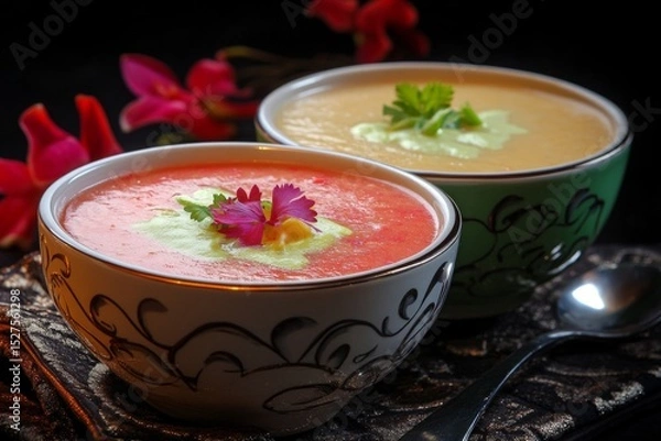 Fototapeta Two vibrant bowls of creamy soup garnished with herbs and flowers, served elegantly with a spoon.