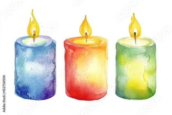 Fototapeta Watercolor illustration of three colorful burning candles in blue, red, and green on white background.