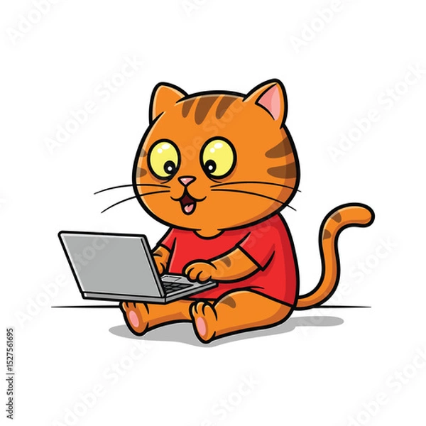 Fototapeta A Surprised Cute Orange Cat Clipart Using a Laptop Computer