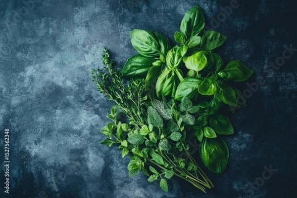 Fototapeta Fresh green basil, mint, sage and thyme herbs on dark stone background, perfect for cooking use.