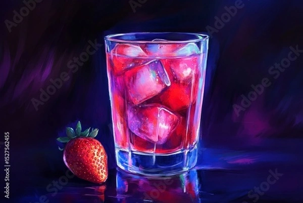 Fototapeta Colorful digital painting of strawberry cocktail with ice cubes in glass and fresh berry on table.