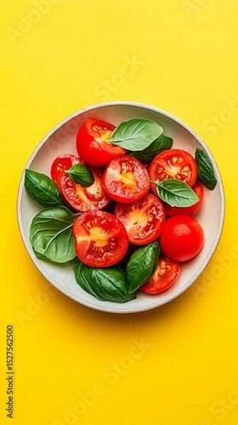 Fototapeta Fresh salad with cherry tomatoes and basil leaves in bowl on bright yellow background, healthy food.