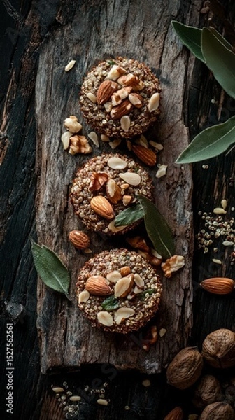 Fototapeta Healthy quinoa patties with assorted nuts and seeds served on rustic wood, natural vegan food style.