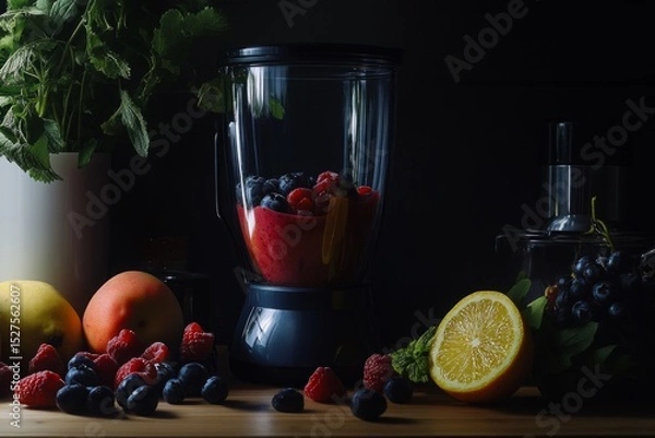 Fototapeta Blender filled with berries and fruit smoothie surrounded by fresh fruits and herbs on wooden table.