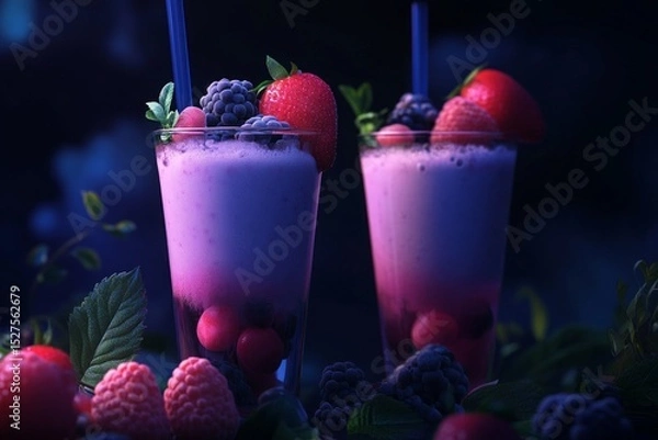 Fototapeta Two berry smoothies in tall glasses with foam and fresh fruits, surrounded by leaves in dark lighting.