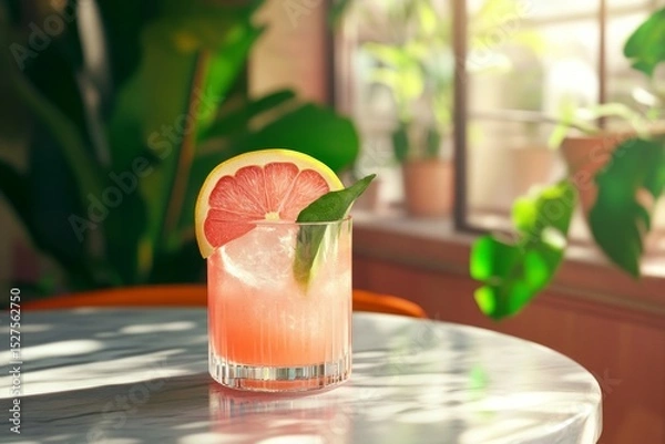 Fototapeta Refreshing grapefruit cocktail with ice and lime leaf in glass on sunny table with green plant decor.